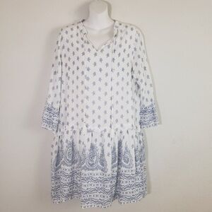 Hayden Dress Large White Blue Paisley Floral Mini Drop Waist Boho Chic Relaxed